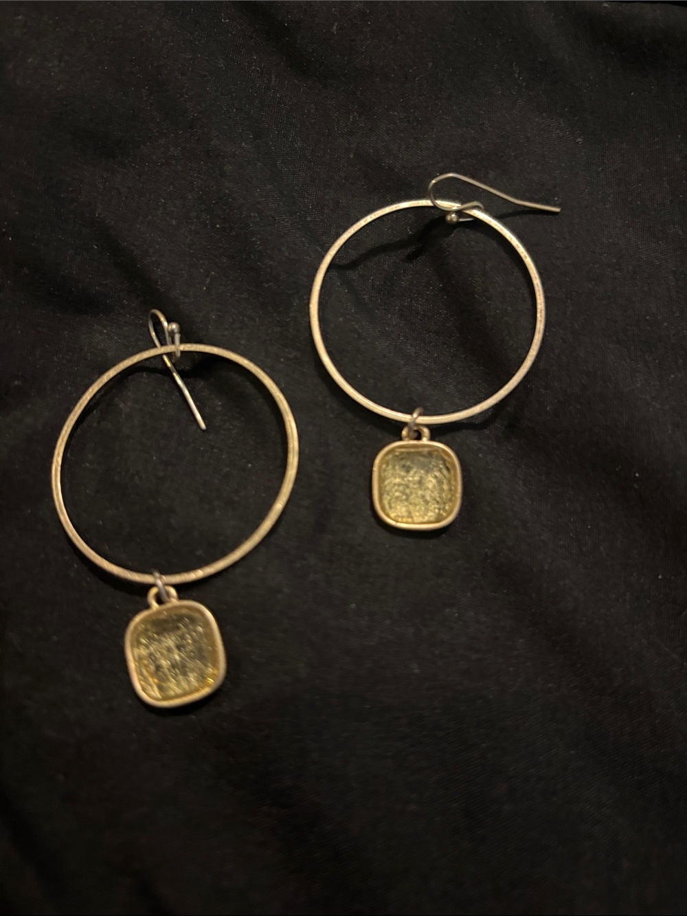 Gold Hoop Drop Earrings with Textured Square Charms